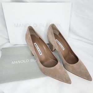Manolo Blahnik Plinius Nude Suede Block Heel Pumps 37.5 90mm